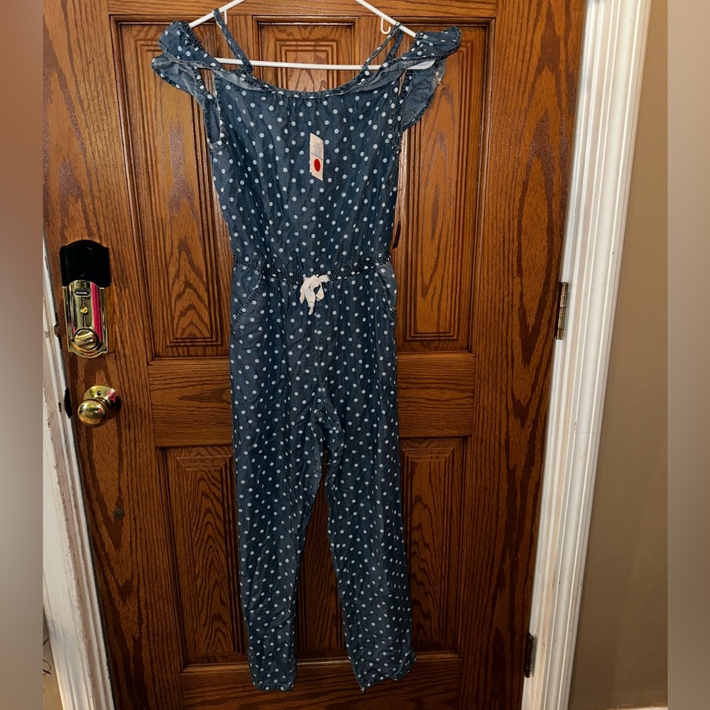 Girls Blue Jean polka dot jumpsuit